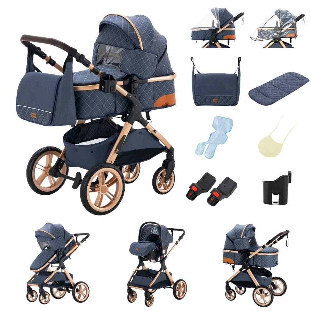 3-in-1 Babywandelwagen, vierwielige kinderwagen, hoge ligging met muskietennet, opvouwbaar, schokbestendig, vierwielige kinderwagen