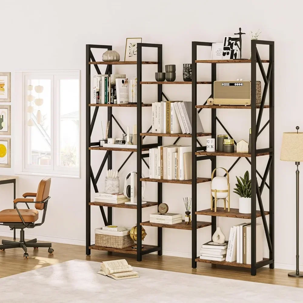 Triple Wide 5 Tier Book Shelf, Tall Bookshelf with Open Display Shelves, Industrial Large Bookshelves and Bookcases