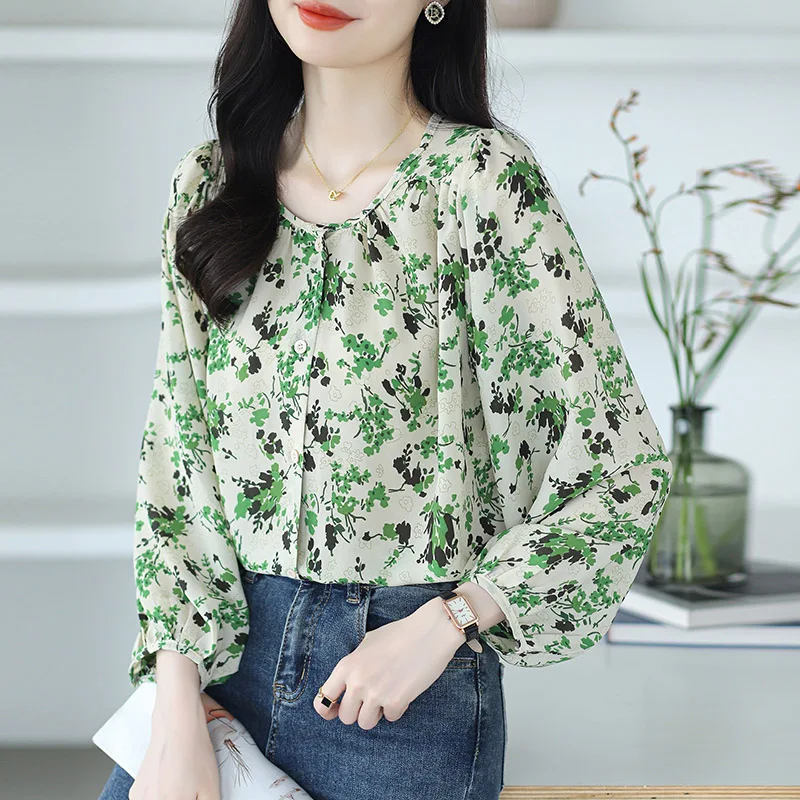 Autumn New Chic Print Long Sleeve Chiffon Shirt Women Clothing Casual Loose O-neck Button Blouses All-match Elegant Sweet Tops