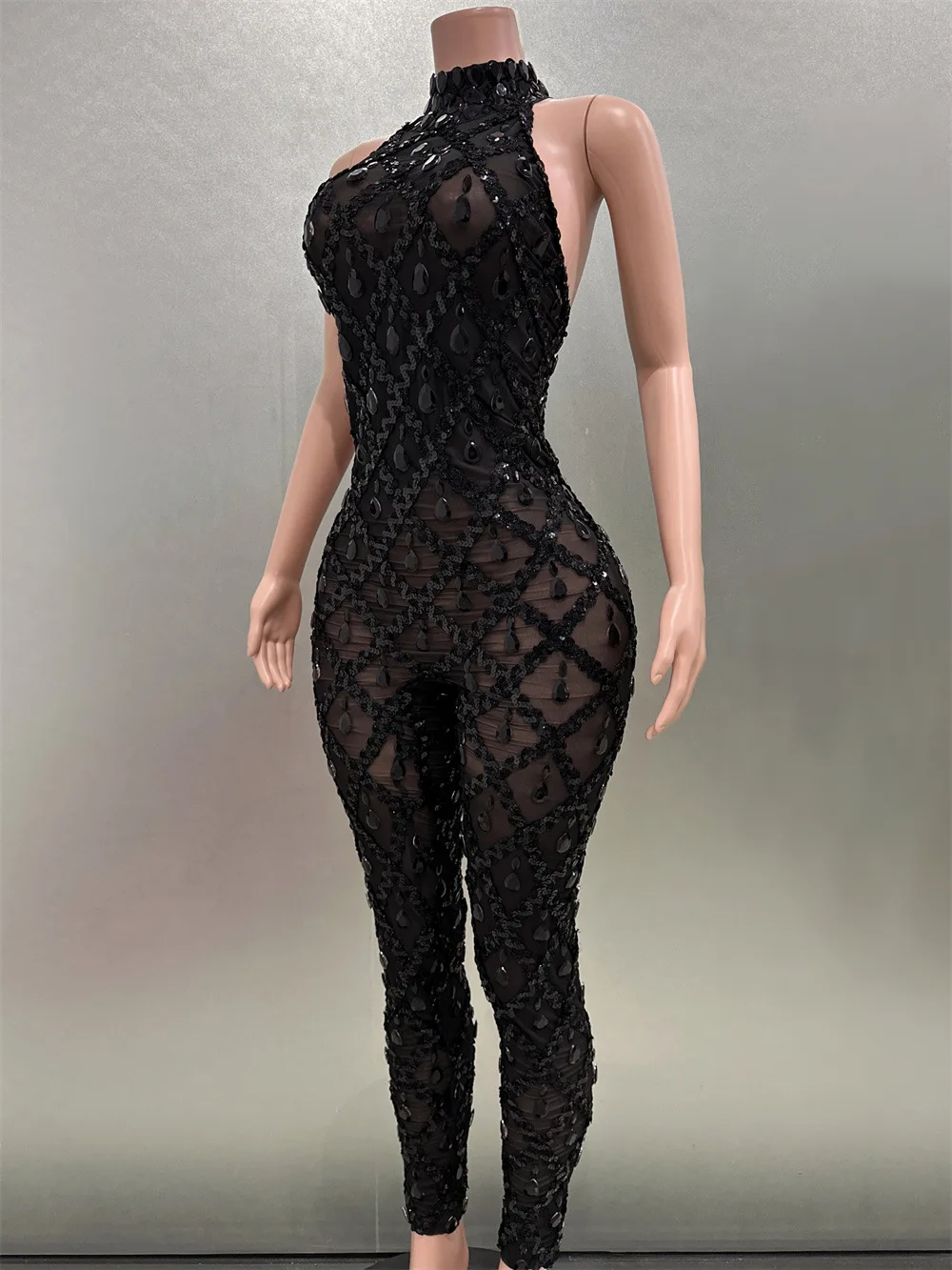 Frauen Schwarz Bodycon Overalls Hohe Dehnbare Pailletten Plaid Strass Abend Club Kleid Gogo Nachtwäsche Bühne Kostüme