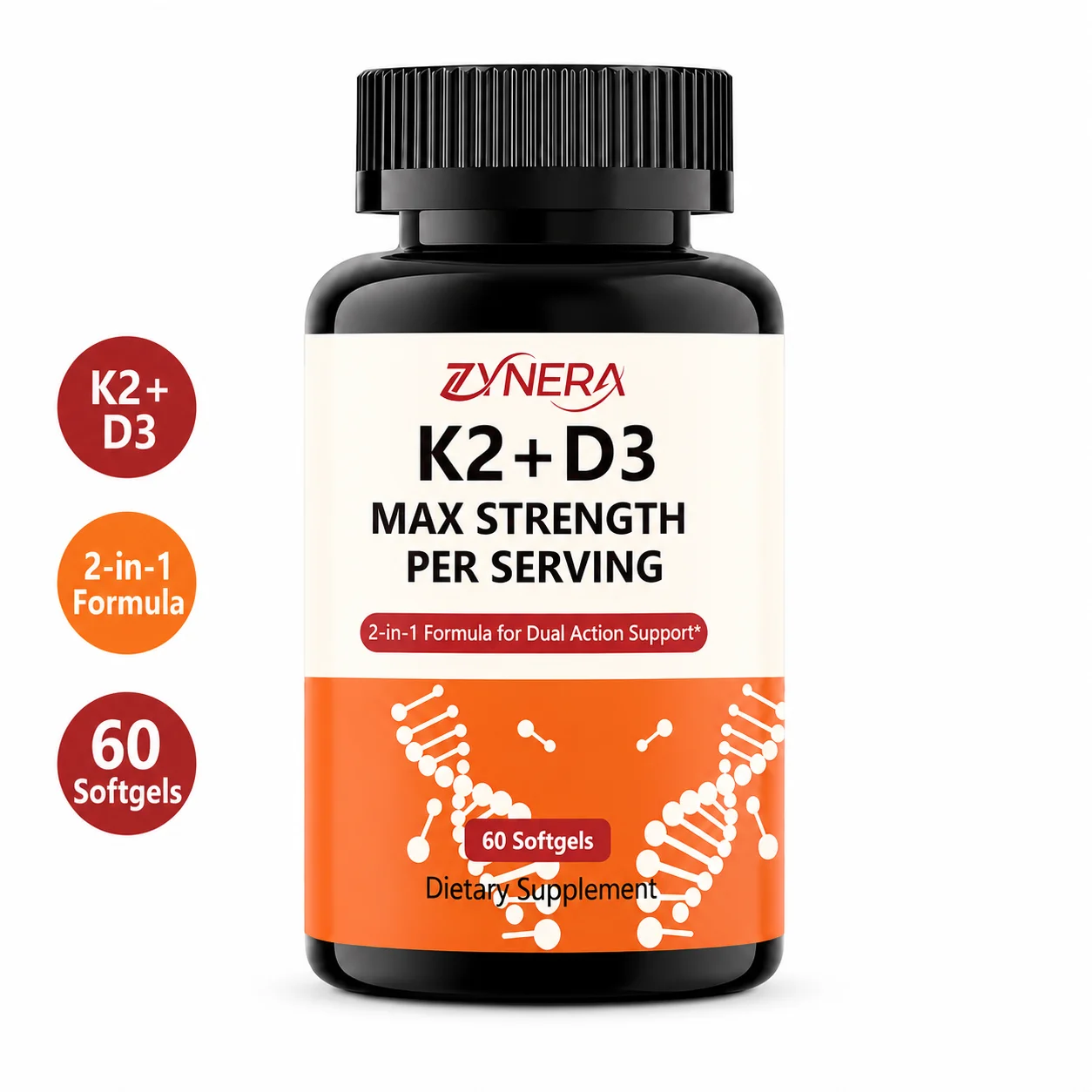 ZYNERA K2 D3 Max Strength 60 Softgels Vitamin K2 D3 Daily Dietary Supplement