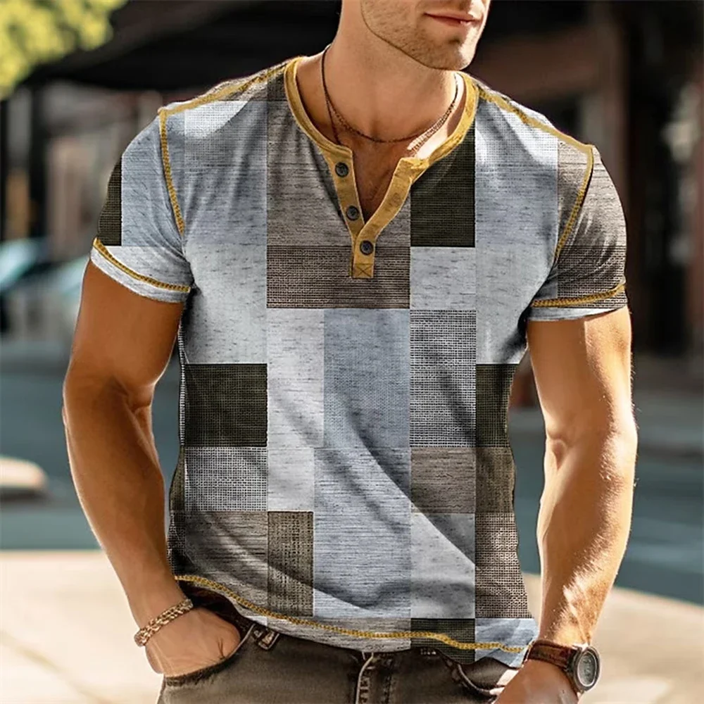 

2023 Fashion Trend Button T-Shirt Men's Summer Breathable Undershirt Cool Plaid Elements 3D Printed Men's Short Sleeve Top