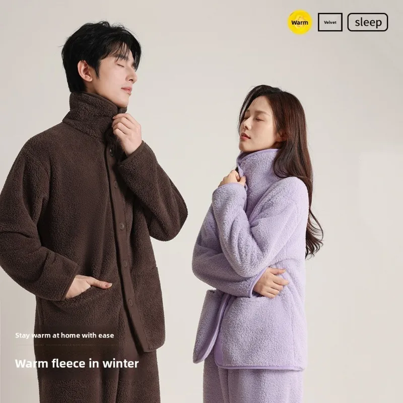 Couple Coral Fleece Pajamas Men's and Women Autumn Winter Home Wear Two-in-one Thickened Cardigan Home Wear Can Be Worn Outside.