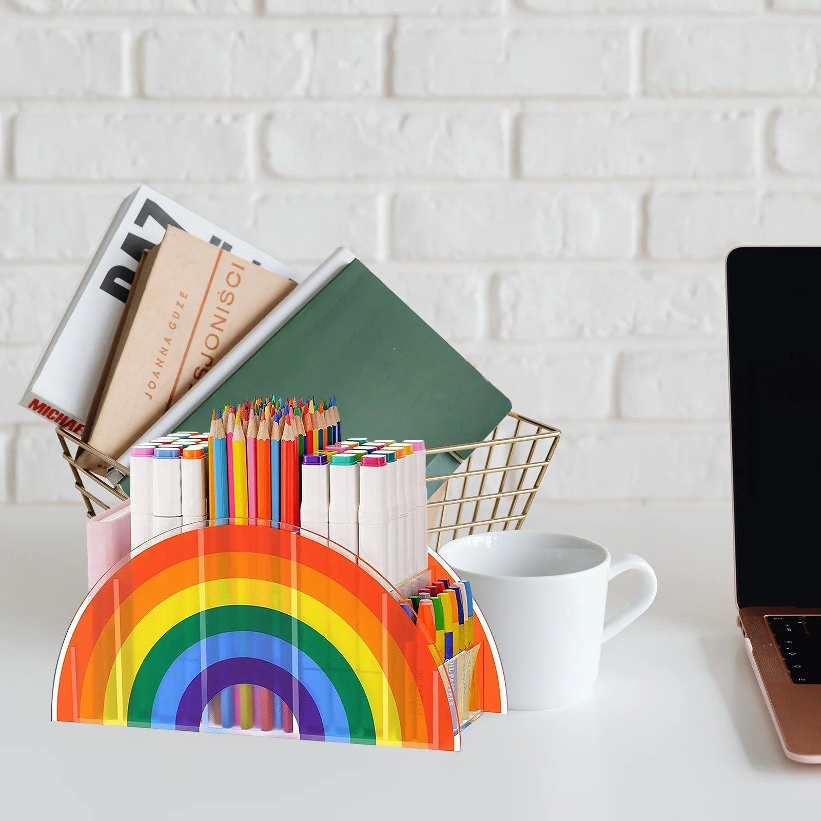 

Rainbow Bridge Acrylic Pen Holder Creative Desktop Stationery Organizer Pencil Container Multi-Functional Storage Box