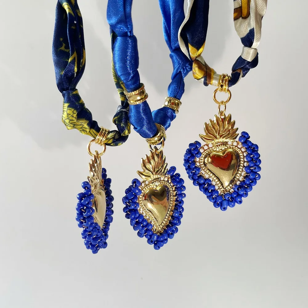 Blue Satin Bandana Scarf Necklace with a Giant Stainless Steel & Resin Heart Charm, Vintage Stackable Jewelry