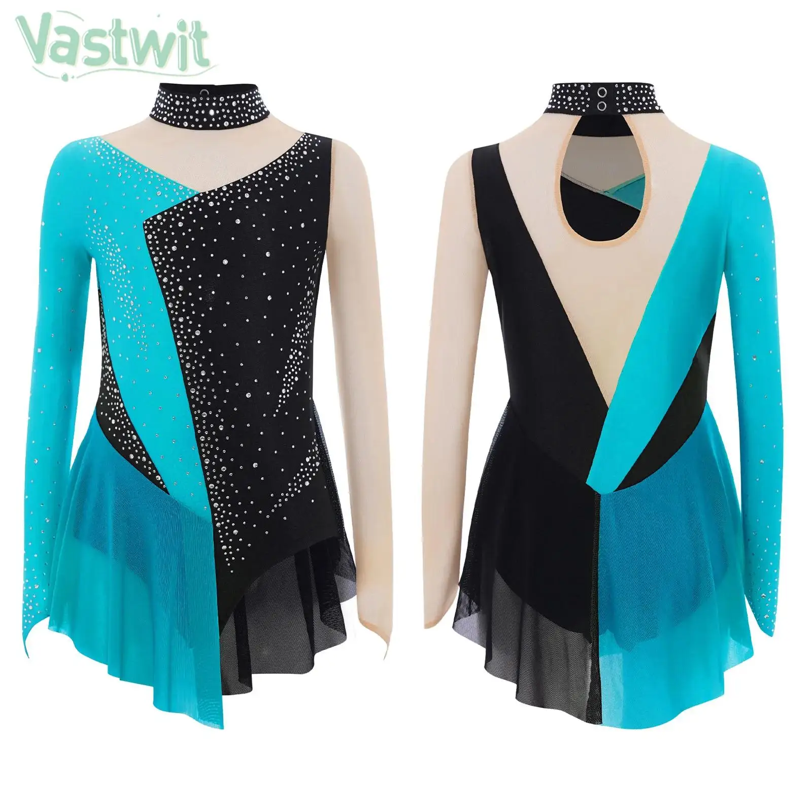 Kids Girls Figure Skating Dress Long Sleeve Rhinestone Sheer Mesh Gymnastics Bodysuit Lyrical Dance Ballet Acrobatics Leotard