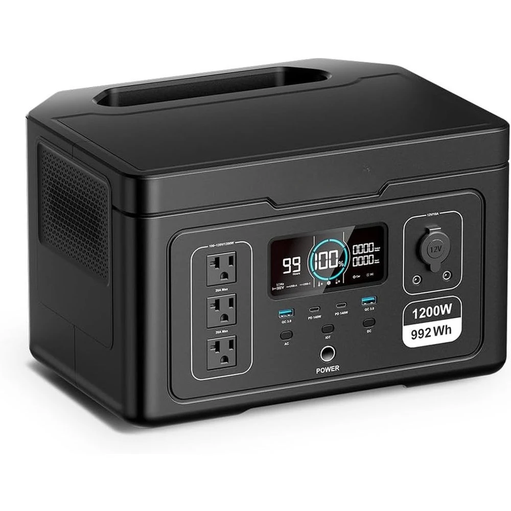 

Портативная электростанция мощностью 1200 Вт, батарея LFP 992 Втч, 3 розетки переменного тока, USB-C 140 Вт, готовая к солнечной батарее, кемпинг, автофургон, домашнее резервное копирование, индивидуальный заказ
