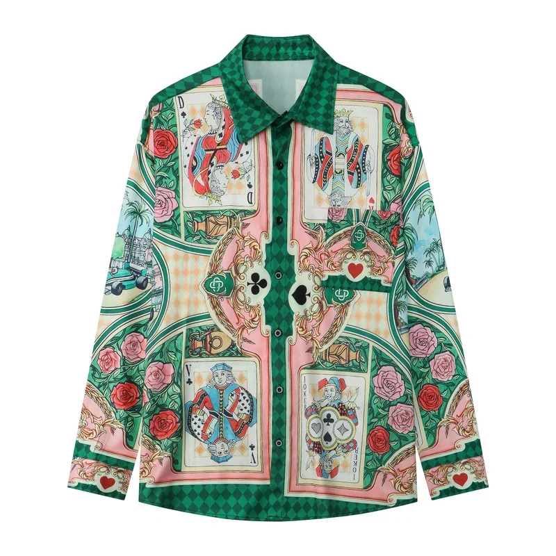 Vintage Playing Card Print Contrasting Color Print Long Sleeve Shirt Holiday Casual Dress Blouse Clothes Men Hawaiian Shirt 2023