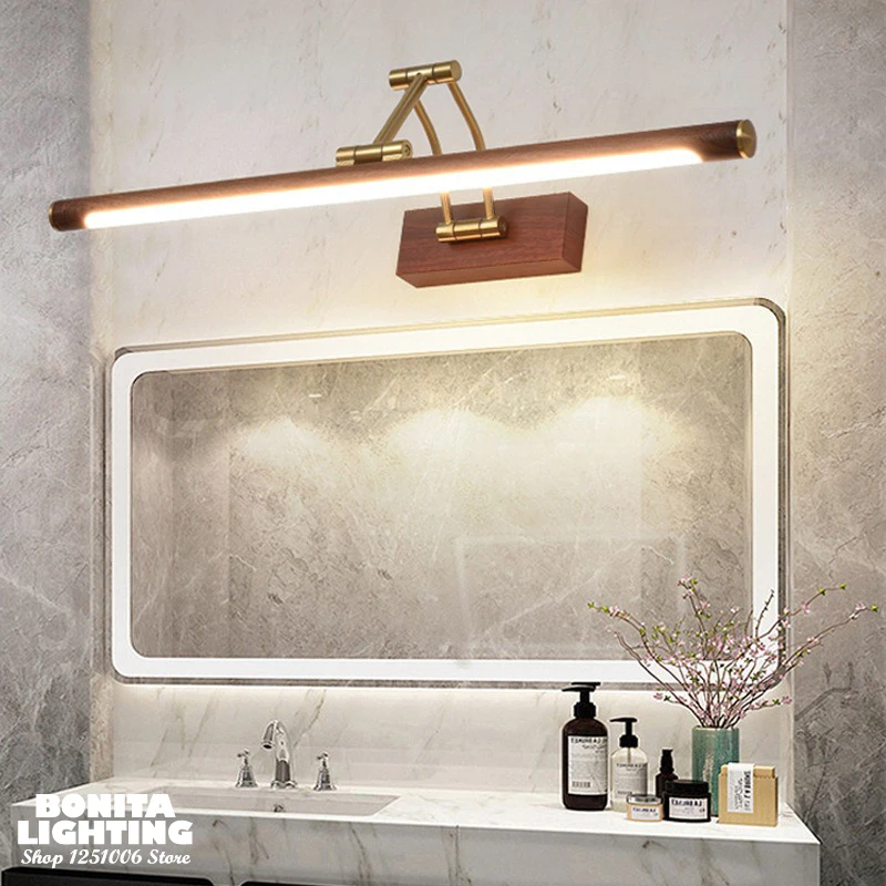 Fashionable Retro Bathroom Mirror Headlight Dresser Mural Walnut Wood Grain Mirror Front Lamp Bedroom Retractable Wall Lamp