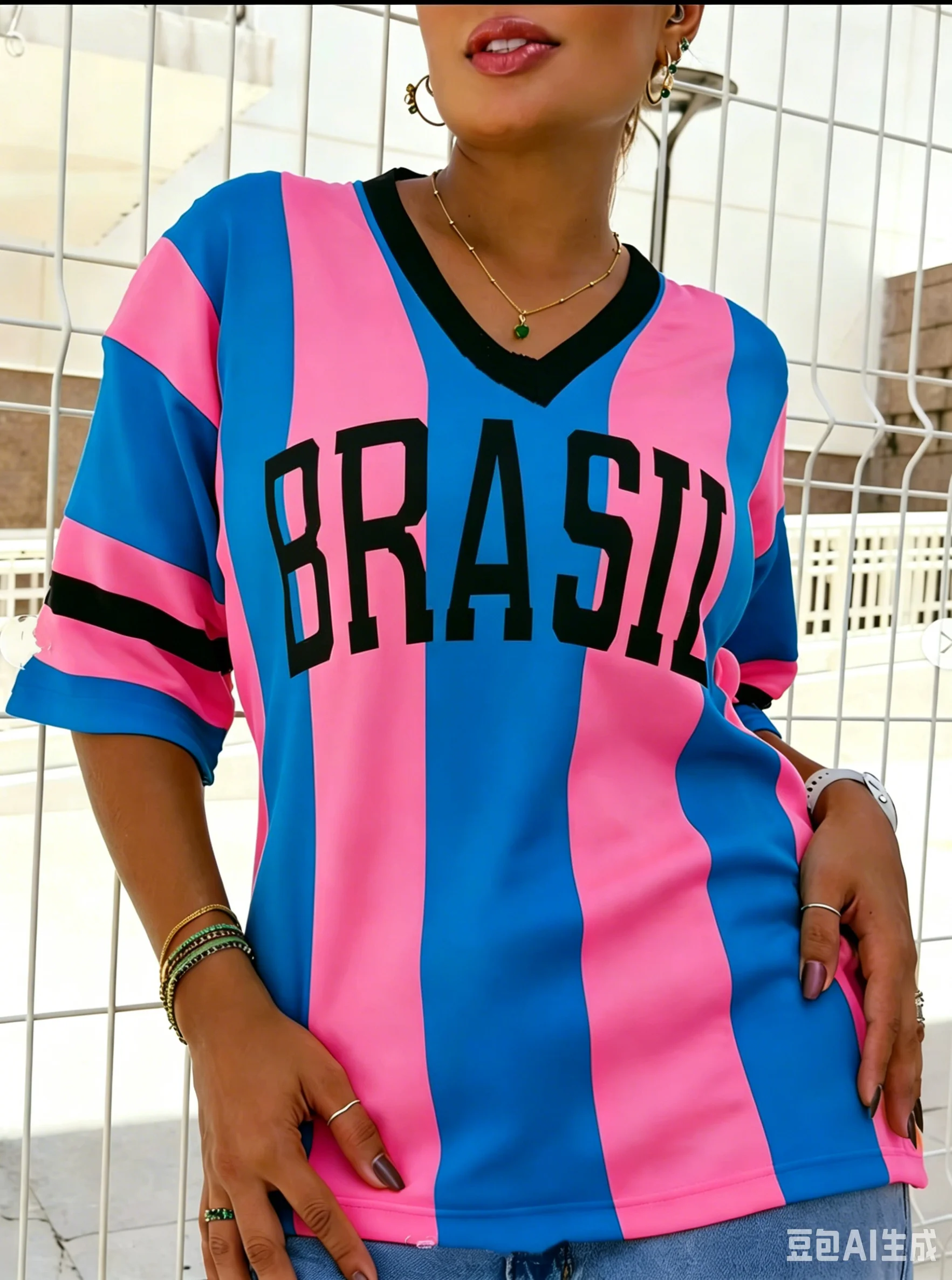 Summer New Vintage Brazil Style Print Women V-Neck T Shirt Patchwork Short Sleeve Sports Tees Football Jersey Y2K Beach T-shirt