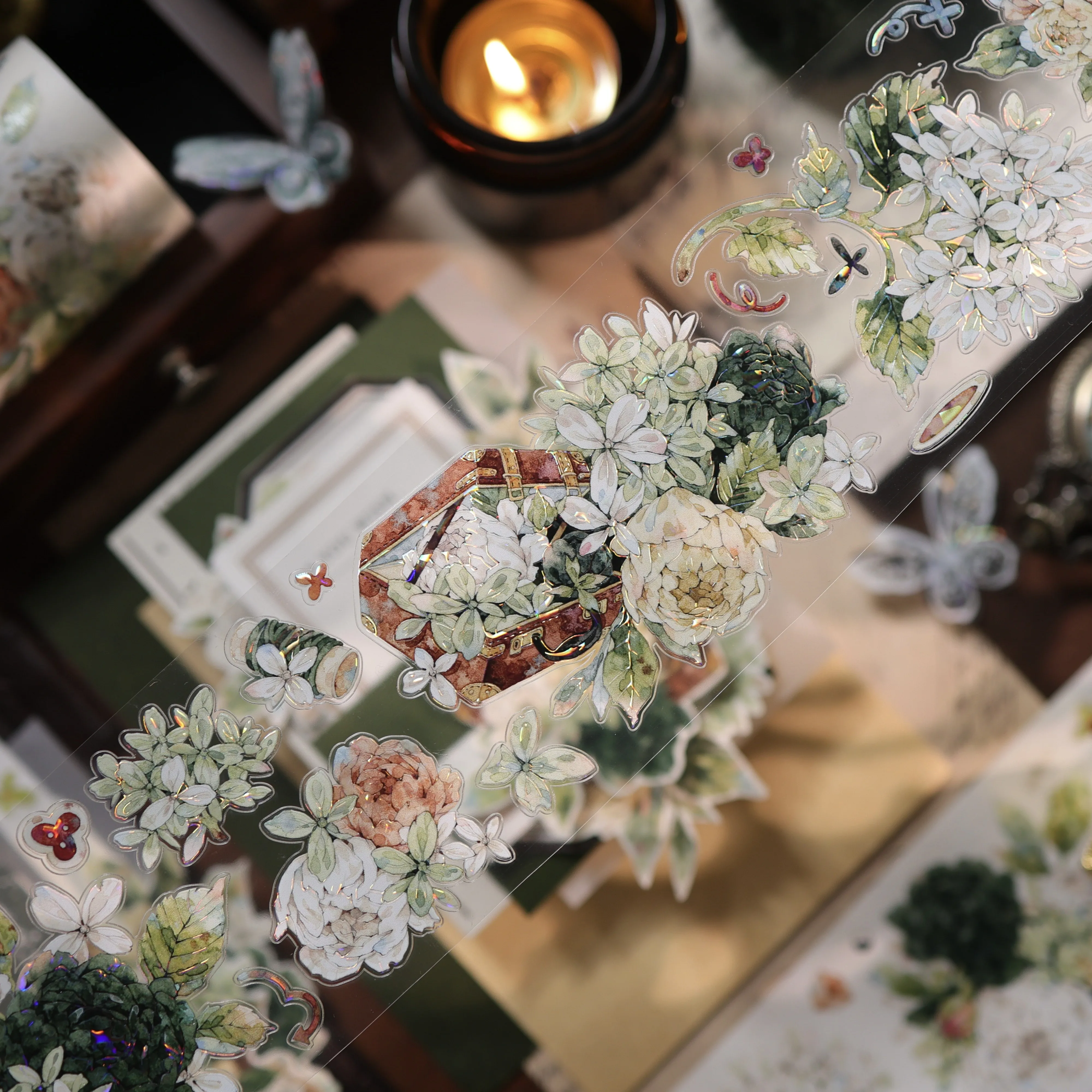 Yier Original Flower Box Die Cut Light Vintage Green Big Flower PET Washi Tape Sticker Journal Scrapbooking Hand Account