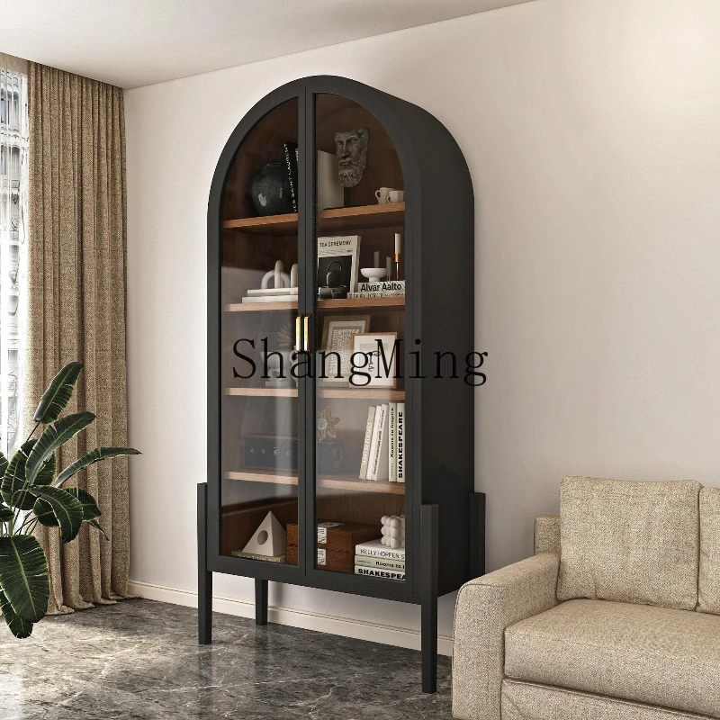 

FG retro solid wood bookcase open black bookshelf living room arched decorative cabinet