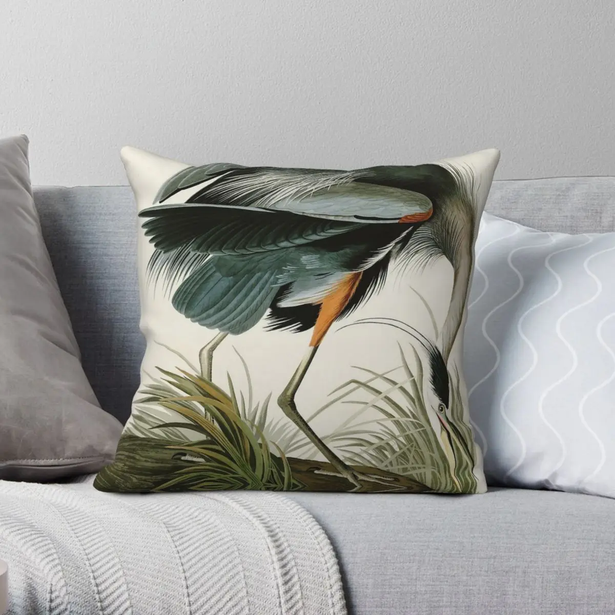 Great Blue Heron John James Audubon Square Pillowcase Polyester Linen Velvet Pattern Zip Decorative Sofa Cushion Case 45x45