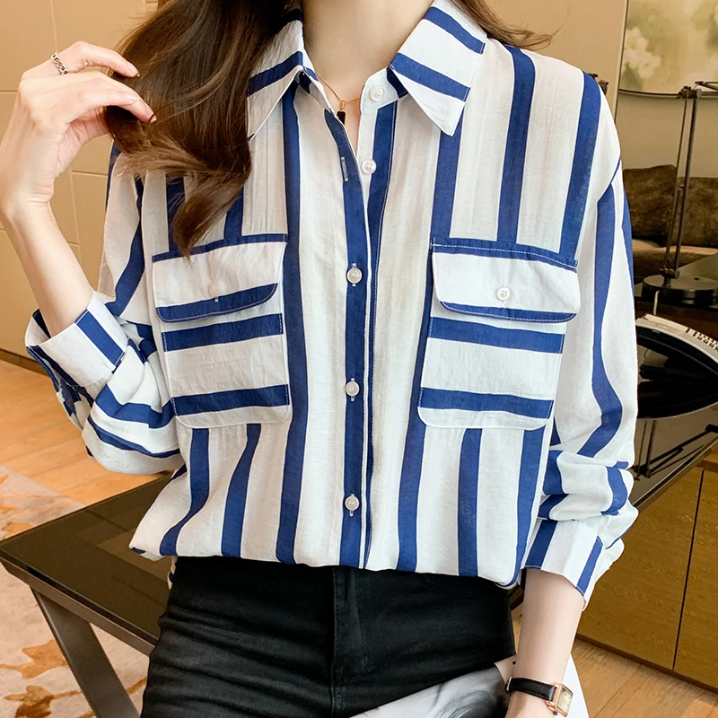 Stilvolles Damen-Hemd mit Knöpfen, klassische Langarm-Oberteile mit Kragen, Arbeit, Büro, Chiffon-Bluse, gestreifte Hemden mit Tasche, S-XXL