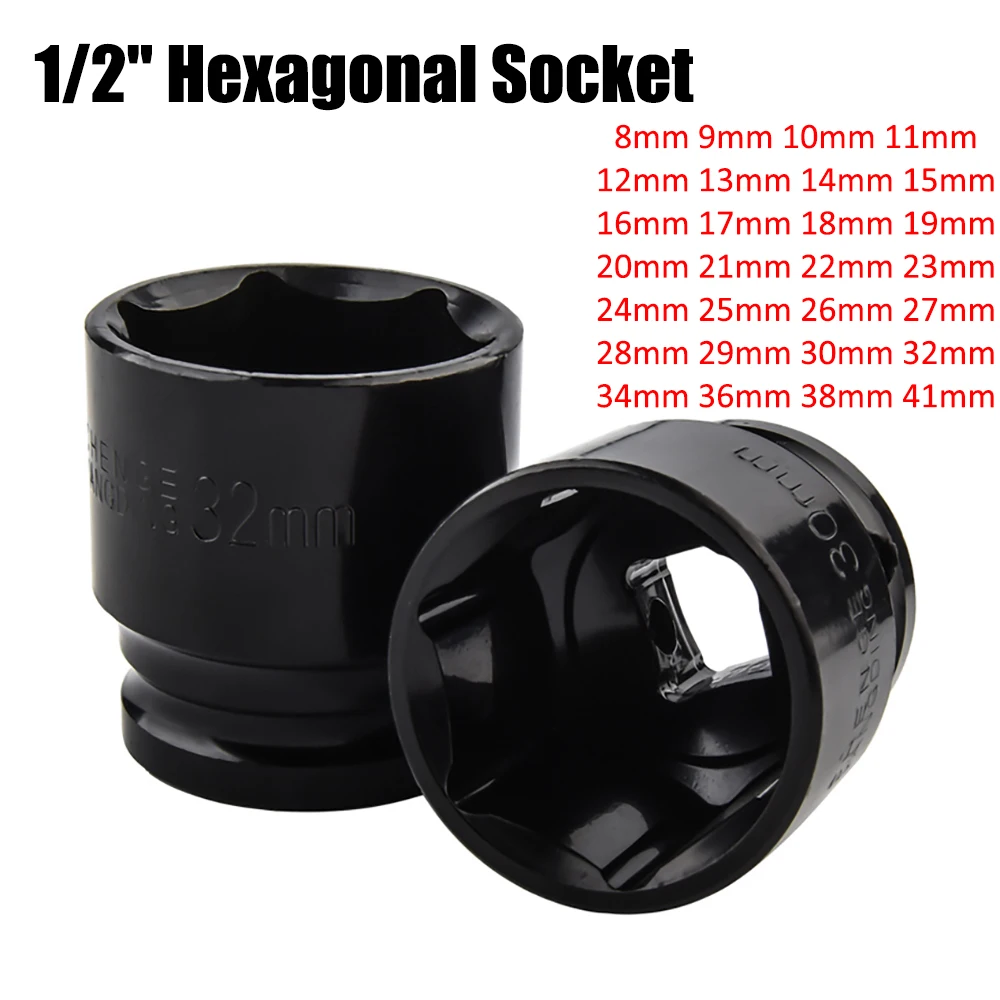 

Impact Socket 1/2" Drive Heavy Duty Hex Air Sleeve 38 46 mm Cr-mo Hex Sockets Wrench Head Screw 8-41mm Nut Removal Hand Tools