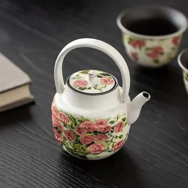 Oil Painting Style Rose Flower Language Porcelain Handle Beam Pot Chinese Handmade Teapot Household Ball Hole Filter Tea Maker