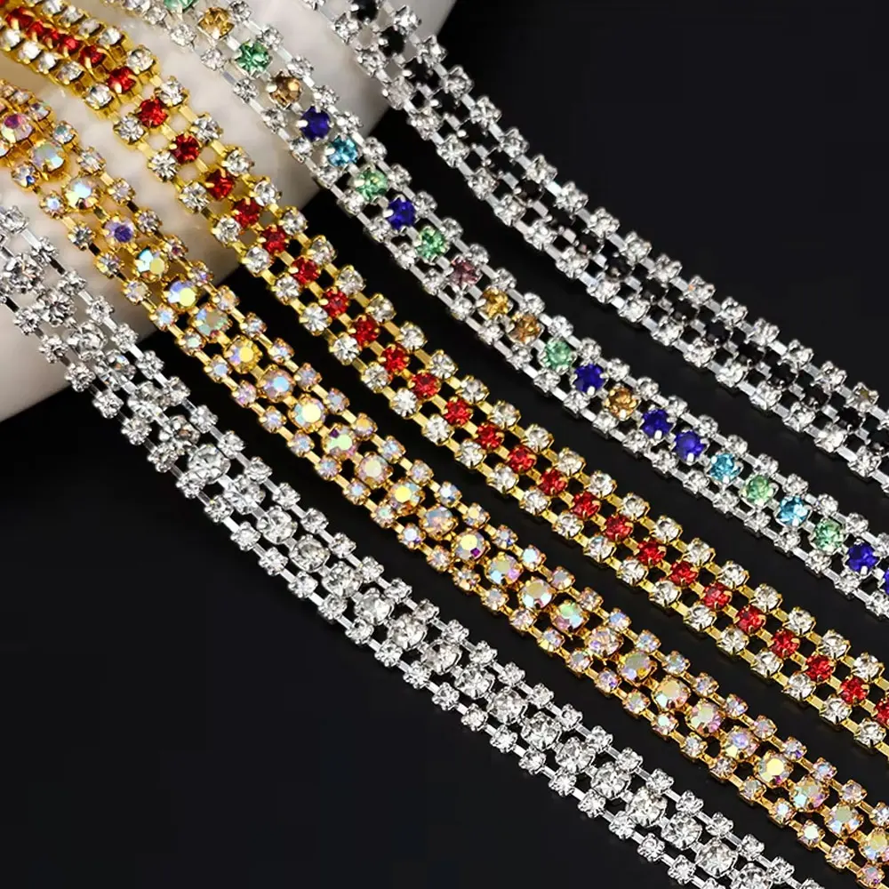 

CUIER New 3 Rows Rhinestone Cup Chain Sew on Shiny Gold Base Glass Stone Chain for Garement Decoration DIY