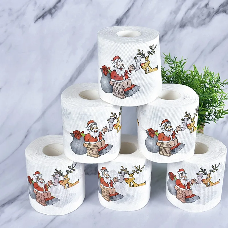 1Roll Christmas Toilet Paper Festival Theme Printed Wood Pulp 2024 Christmas Decorations Santa Claus Reindeer New Year 2025 Gift