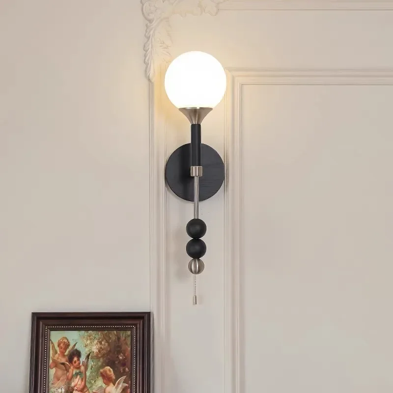 French retro solid wood glass wall lamp for headboard hallway living room background wall decoration headboard with cable lights