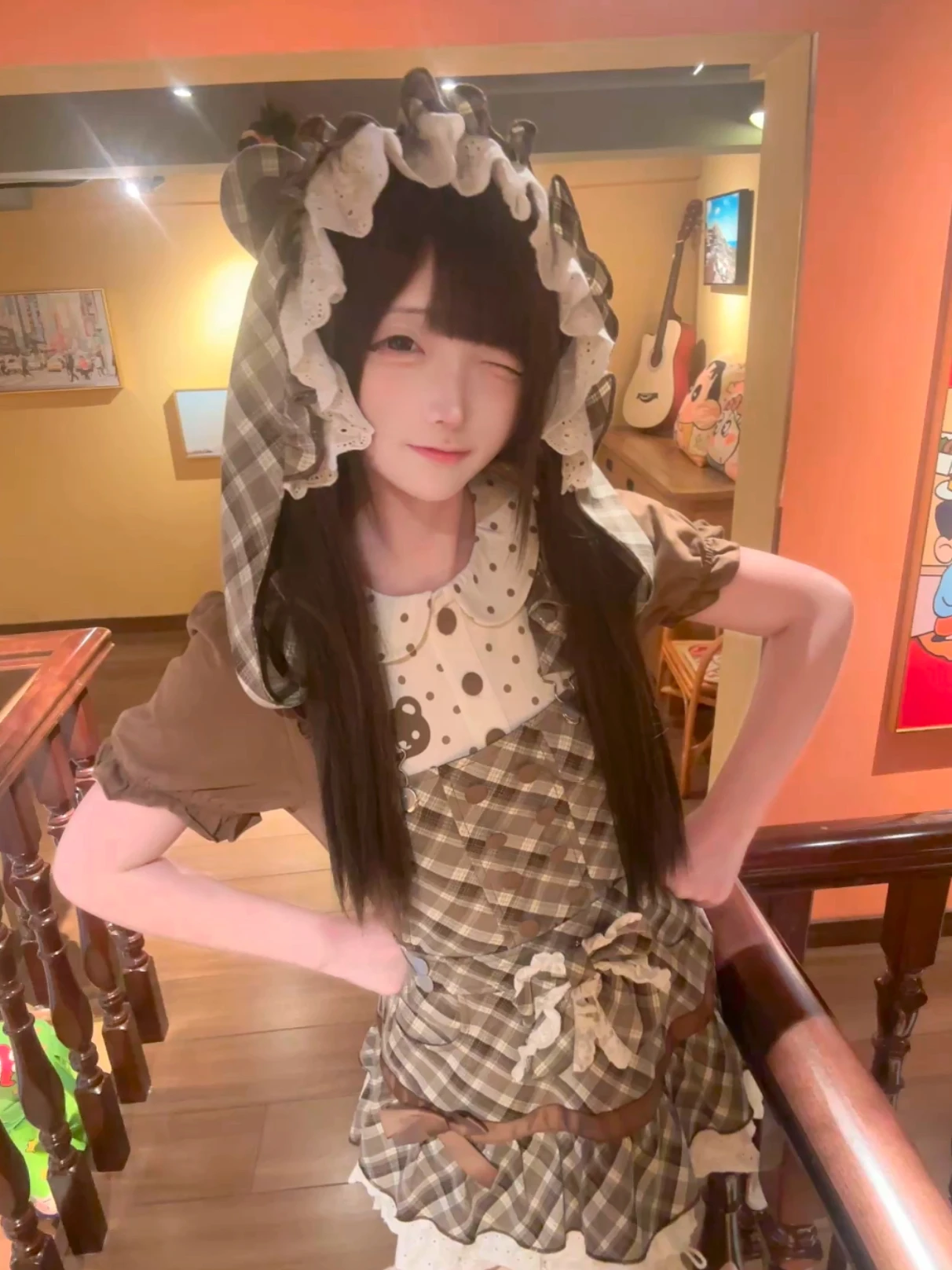 일본 귀여운 곰 자수 반팔 티셔츠 탑 부드러운 소녀 달콤한 귀여운 리본 짧은 체크 스트랩 드레스 세트 딸 옷