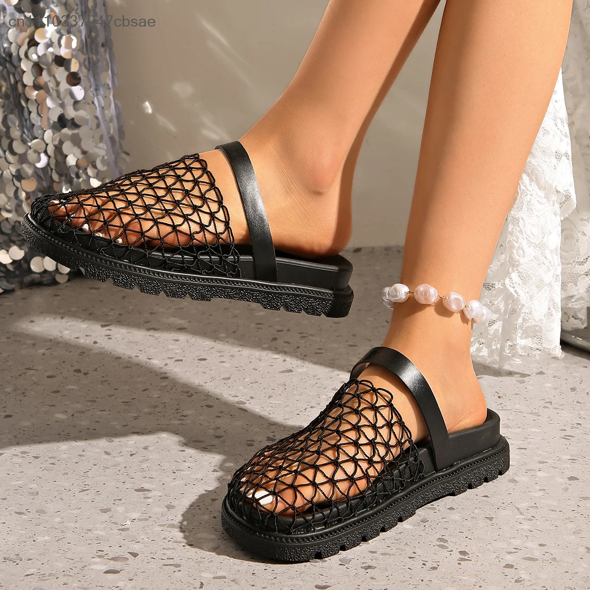 Women Black Mesh Slide Sandals Stylish Hollow Fishnet Upper Flat Sandal Summer Beach Outdoor Casual Daily Party Wear Soft Shoes