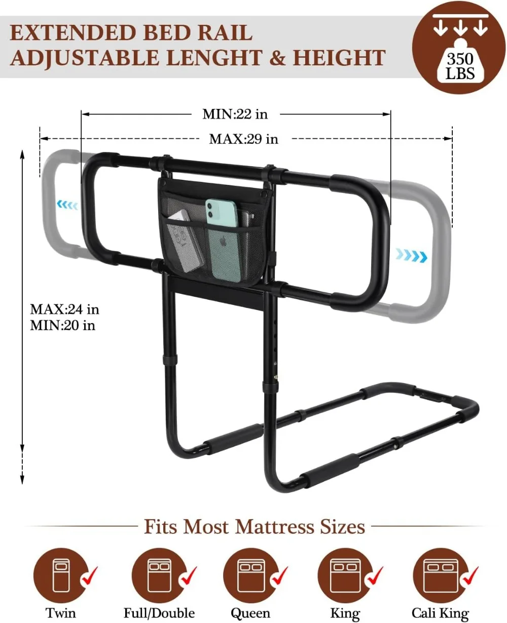 Регулируемые поручни для безопасности пожилых людей с датчиком движения, подходят для полных двуспальных кроватей King Queen