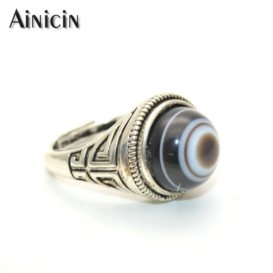 Natural Black Agate Single Eyes Tibetan Dzi Beads Ancient Silver Color Adjustable Finger Rings For Men\'s Wild Jewelry Gift