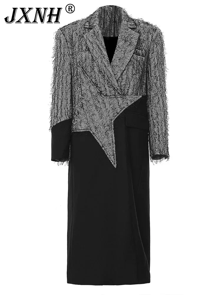 

Women Gray Color-block Tassels Big Size Long Blazer New Lapel Long Sleeve Jacket Fashion Tide Spring Autumn 2024