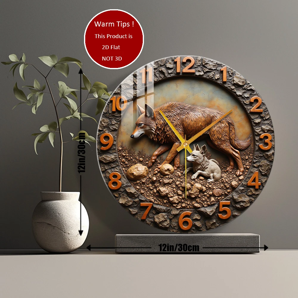 Tempered Glass Wall Clock Wolf And Cub Carving Suitable For Wall Decor or Tabletop Display Anywhere