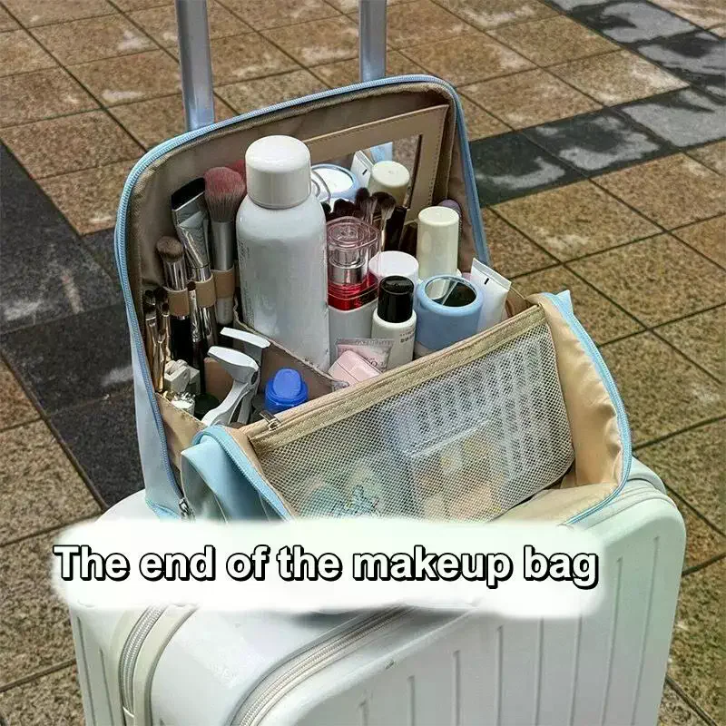 Portable Standing Makeup Bag Large Capacity Travel Handbag Women's Organizer Simple Pen Bag Business Style PU Material