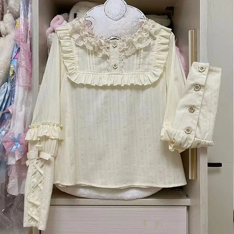 เสื้อลอลิต้าหวานสไตล์ญี่ปุ่น เสื้อผู้หญิงวินเทจน่ารัก แต่งระบายลูกไม้ เสื้อลำลองสาวๆ น่ารัก เสื้อหลวมๆ เสื้อผู้หญิง