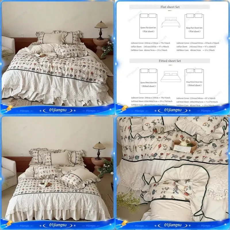Vintage Floral Embroidery Cotton Linen Bedding Set Ruffle Lace Edge Duvet Cover Flat Fitted Sheet Pillowcases 4Pcs Home