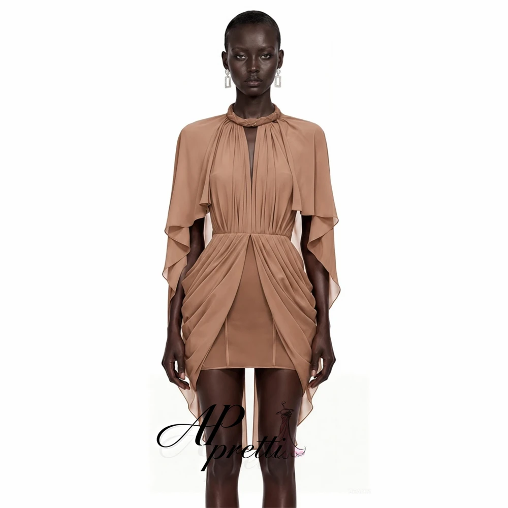 AP pretti Nude Coffee Evening Dress Customized Halter Knot Neck Cape Flutter Sleeve Draped Asymmetrical Mini Formal Party Gown