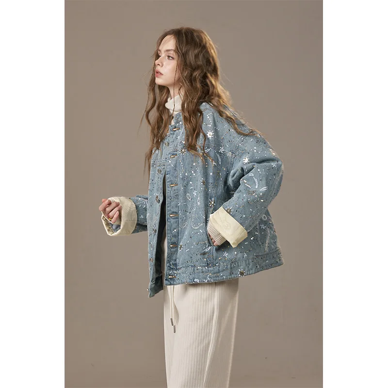 ELFSACK 2025 Winter New Arrivals Casual New Chinese Style Loose Fit Glitter Denim Jacket For Woman - Image 4