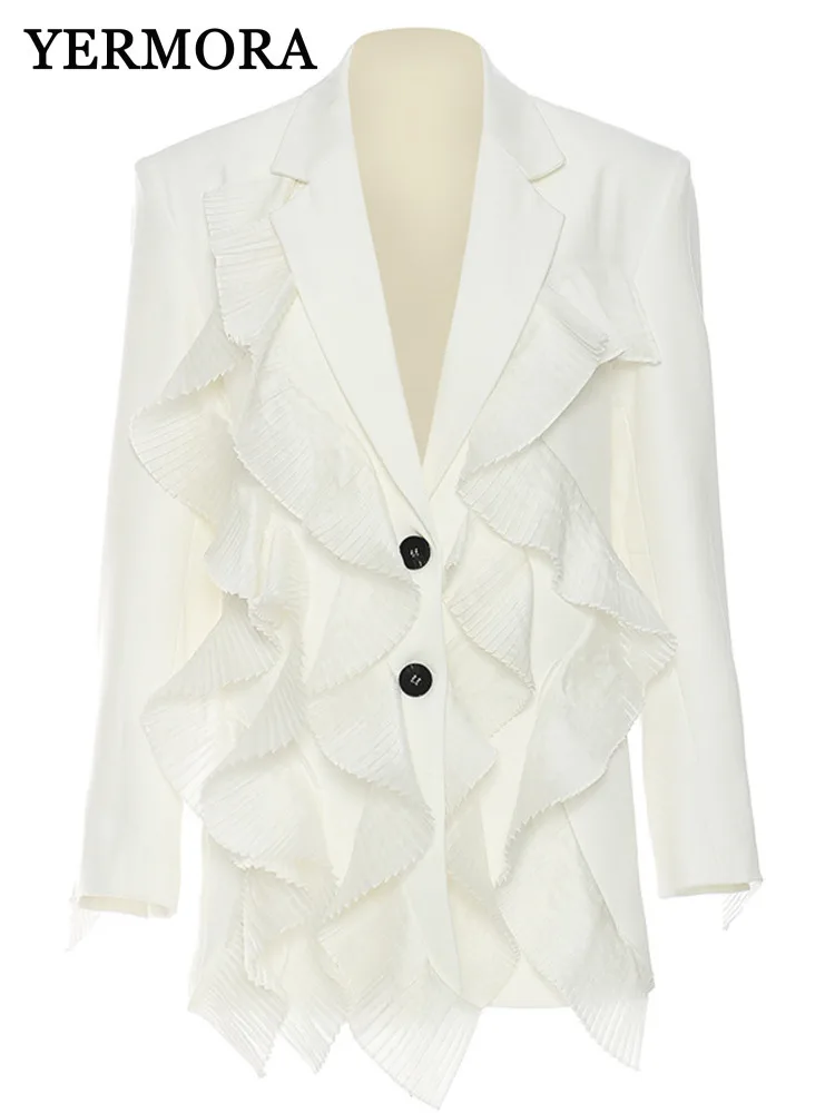 YERMORA White Spliced Mesh Pleated Elegant Blazer For Women Lapel Long Sleeve Fashion Tide Jacket Spring Autumn 2025 New A143