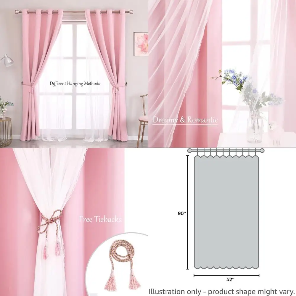 

Baby Pink Blackout Curtains with White Sheer Voile, 52x90 Inches for Bedroom, Living Room, and Nursery