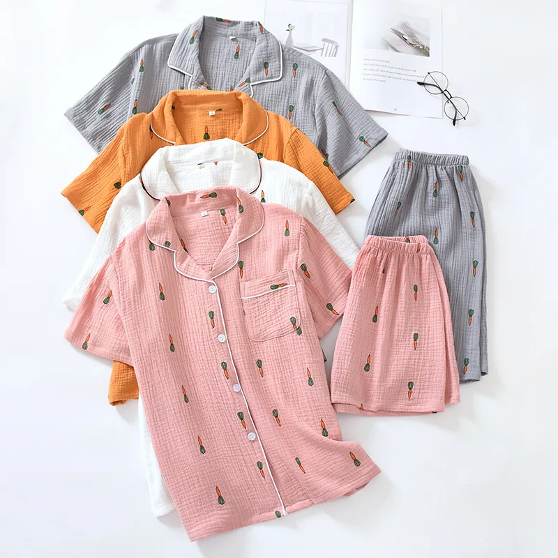 Summer Double Gauze Pajamas Casual Short-sleeved Shorts Home Clothes Thin Crepe Sleepwear 100% Cotton Cartoon Women Set 2 Piece