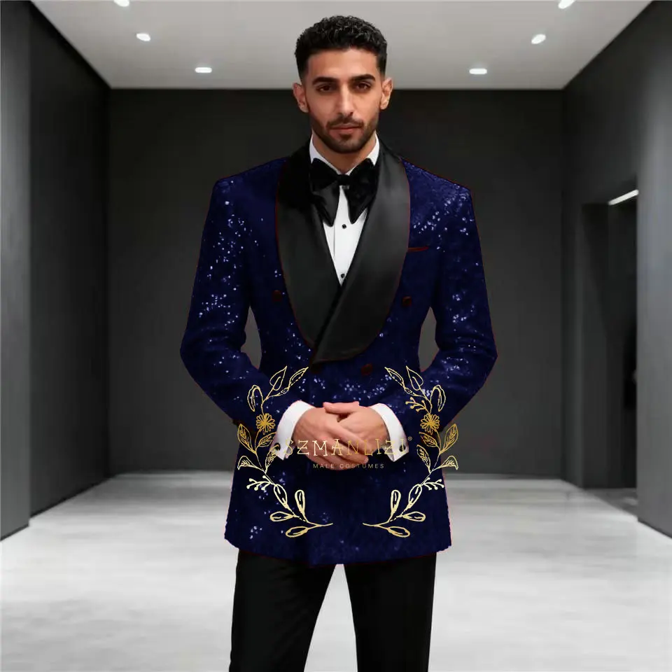 Sparkly Wedding Tuxedos Double Breasted Royal Blue Sequins Men Suit Shawl Lapel 2 Piece Set Jacket Pant Groom Business Blazers