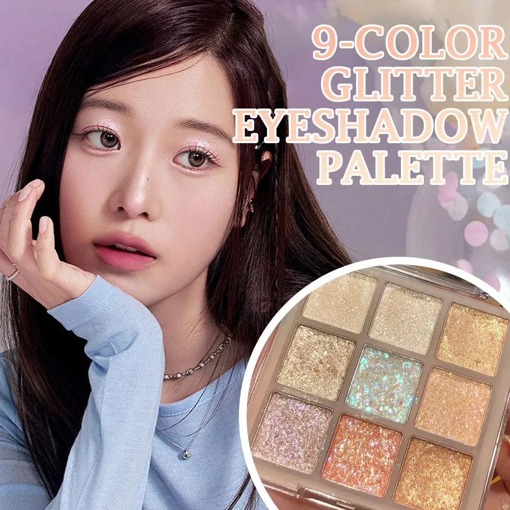 9 Colors Full Pearlescent Eyeshadow Palette Long-lasting Shimmer Highlights Sparkling Sequin Blue Purple Eyes Makeup Cosmetic