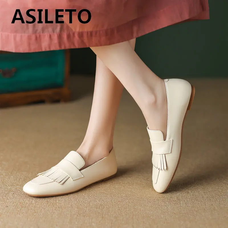 

ASILETO Cow Leather Women Flats Square Toe Slip On Soft Concise Daily Large Size 41 42 Shallow Tassels Casual Solid Lady Shoes