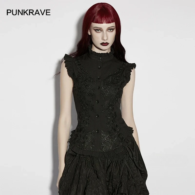 PUNK RAVE Women's Flying Shoulder Stand Up Collar Shirt Gothic Style Decal Mysterious Feeling Adjustable Drawstring Tank Top