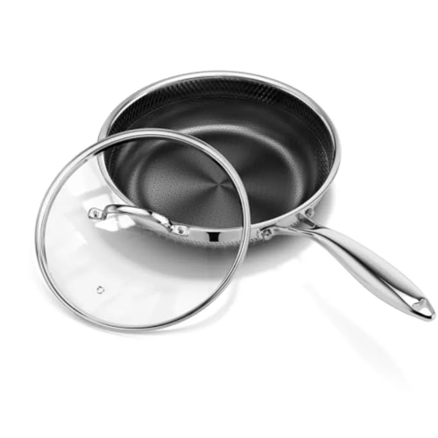 

8 Inch Nonstick Frying Pan with Lid, Titanium Ceramic Tri-Ply Stainless Steel Non Stick Skillet W/Lid Small Hybrid Cooking Pan