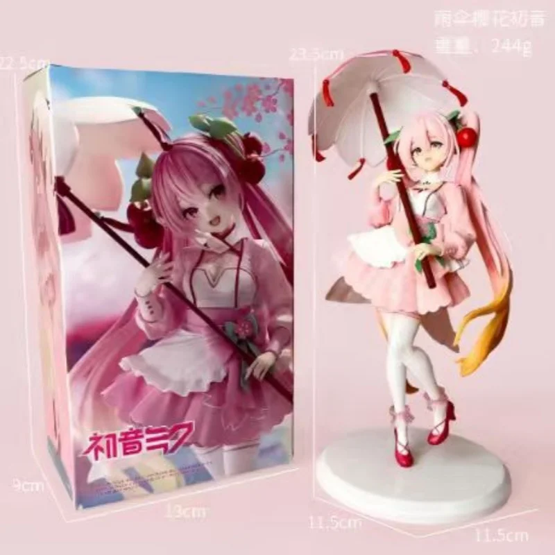 Anime Sakura Regenschirm Hatsune Miku Sakura Kirschblütenfarbenes Kleid Figur Miku Modell PVC Statue Deko Sammlerstück Spielzeug Ornament Geschenk