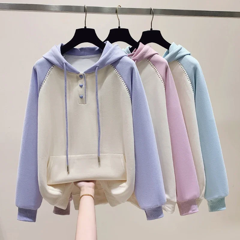 2024 autumn and winter color blocked hooded loose fitting raglan sleeves, casual and popular sweatshirt long sleeved top