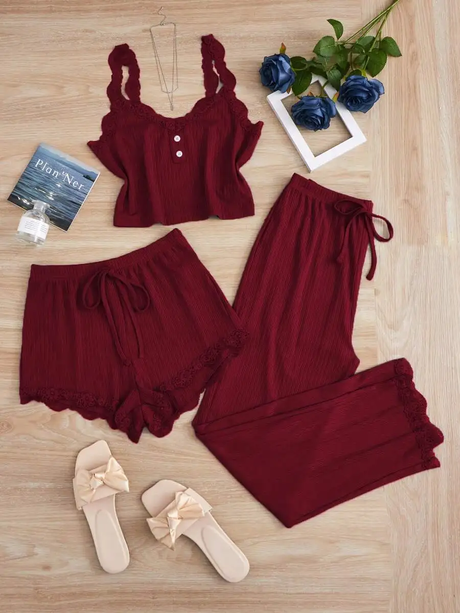 

Ribbed Lace-Trimmed Camisole With Matching Shorts And Lounge Pants Set