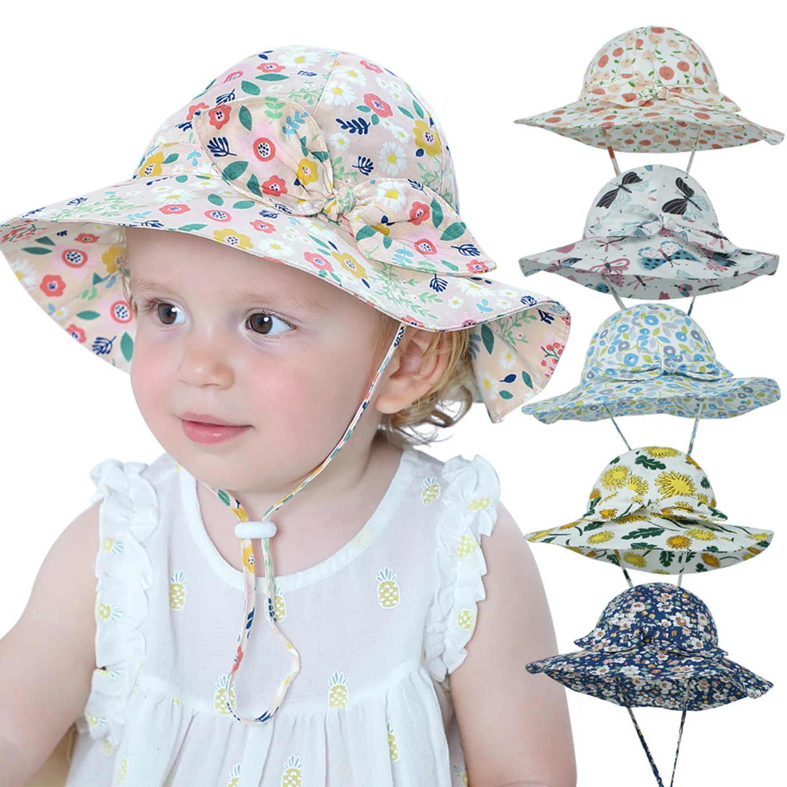 قبعة دلو مطبوعة قبعة كبيرة الحافة للأطفال في الهواء الطلق القطن الطفل القوس قبعة الشمس الربيع الصيف زهرة الاستخدام اليومي لطيف تأثيث المنزل