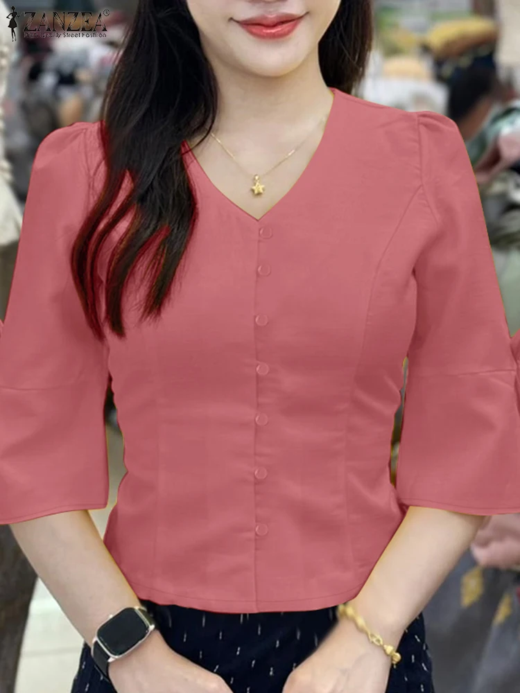 

ZANZEA Elegant Woman Chemise Lace Up Bow Day Wear 3/4 Flared Sleeve Casual Shirts V-Neck Solid Color 2025 Summer Button Up Tops