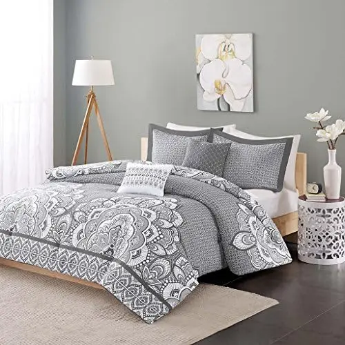 

Cozy Comforter Casual Damask Design Modern All Season Bedding Set with Matching Sham, Decorative Pillow, Full/Queen, Isabella Gr