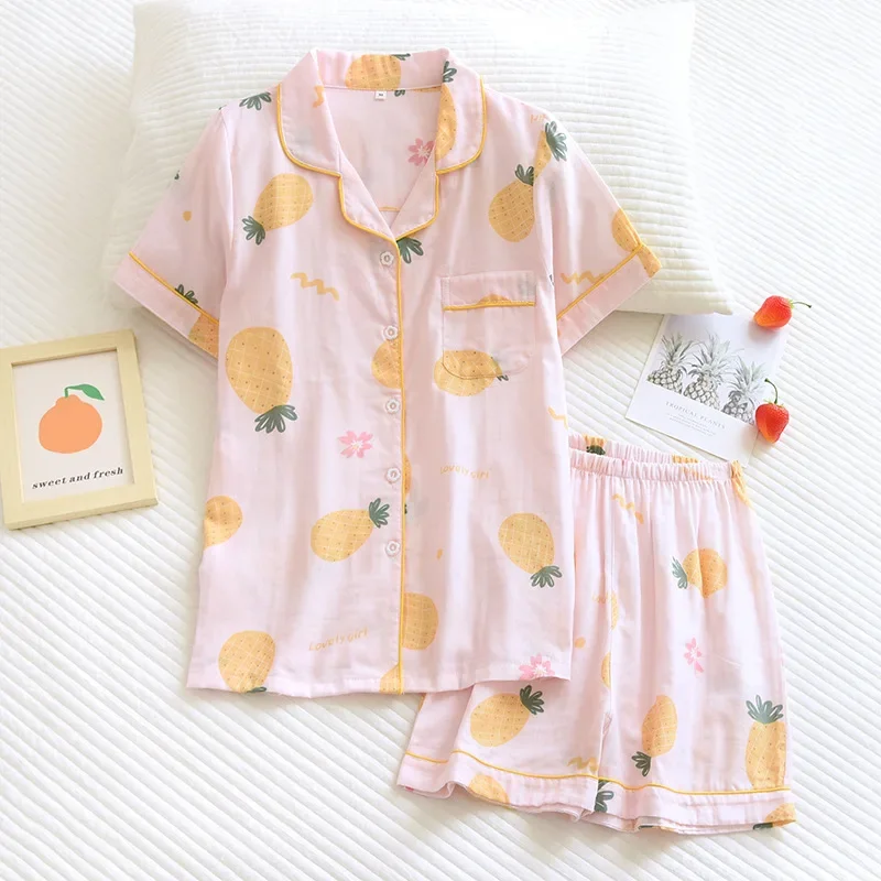 New ladies 100% cotton short-sleeved ladies pajamas suit shorts cute cartoon printing Japanese style simple pajamas home service