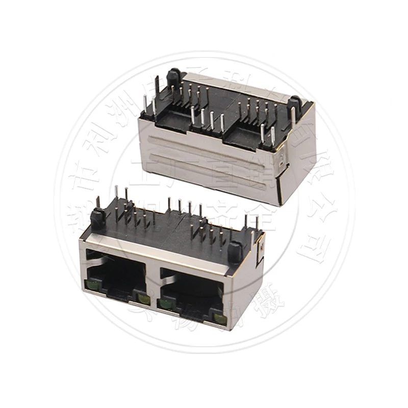 5Pcs/RJ45-56 flat spring dual port 1X2 no light strip shielded 90 degree curved pin horizontal network socket interface